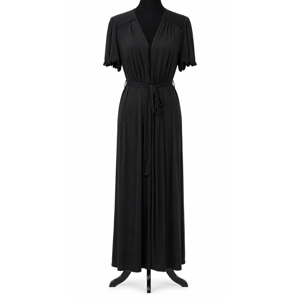 Vintage Miss Elaine Short Sleeve Sash Robe‎ Small Medium Black Satin Lace Trim